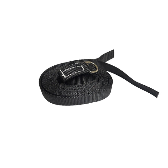 Black 9ft strap with a metal buckle, suitable for securing a commercial bounce house.