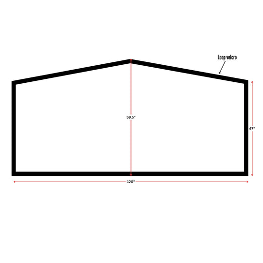 Inflatable art panel with a black outline, measuring 120 inches wide and 59.5 inches tall, featuring loop velcro for