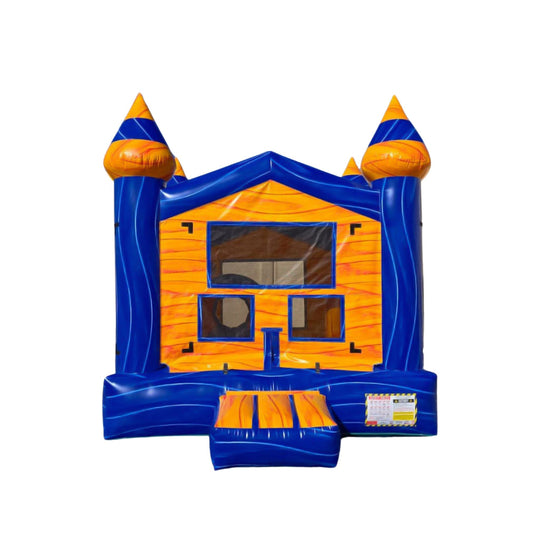 Bright blue and orange commercial bounce house with two tall spires and a front entrance.