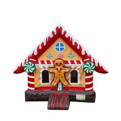 Colorful gingerbread house jumper with candy decorations and a gingerbread figure, ideal for festive events.