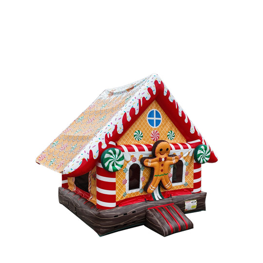 Colorful gingerbread house jumper with candy decorations and a gingerbread man, showcasing a festive design for a commercial