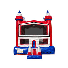 Red, white, and blue commercial bounce house with castle-like towers and large windows.
