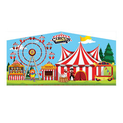 Colorful inflatable art panel featuring a circus scene with a ferris wheel, ticket booth, and striped tent.