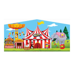 Colorful inflatable art panel featuring a circus scene with a tent, carousel, elephant, and performers in a vibrant outdoor