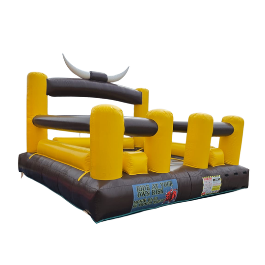 Inflatable mechanical bull bed with yellow and brown colors, featuring white horns and safety barriers.