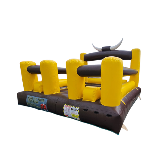 A yellow and brown mechanical bull bed featuring white horns, designed for safe riding experiences.