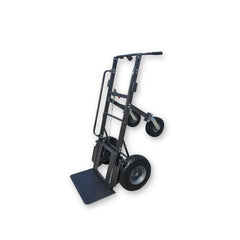 A sturdy black four-wheel dolly with a manual brake, designed for transporting items, set against a plain background.