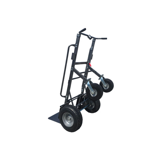 A sturdy black manual brake dolly with four wheels, designed for transporting heavy items, set against a white background.