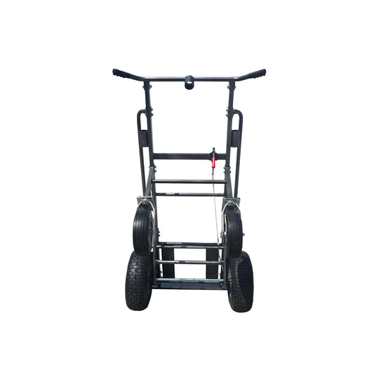 Black metal dolly with four wheels and a manual brake, designed for transporting inflatable items.