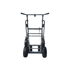 Black metal dolly with four wheels and a manual brake, designed for transporting inflatable items.