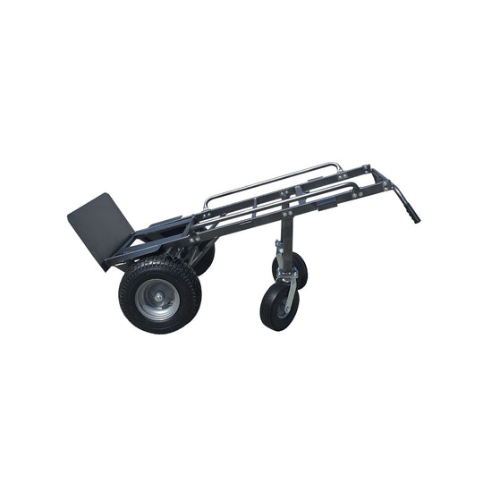 A sturdy four-wheel dolly with a manual brake, designed for transporting inflatable items, set against a plain background.