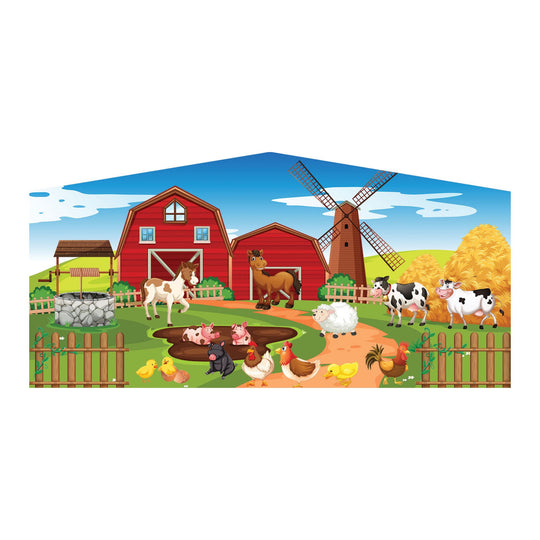 Colorful inflatable art panel featuring a vibrant farm scene with animals, a barn, and a windmill.