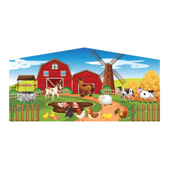 Colorful inflatable art panel featuring a vibrant farm scene with animals, a barn, and a windmill.