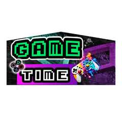 Colorful inflatable art panel featuring retro gaming graphics and controllers, set against a vibrant background.