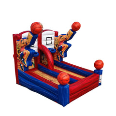Brightly colored inflatable basketball shooting game featuring two players in action, set against a vibrant blue and red