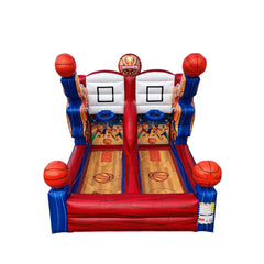 A vibrant inflatable basketball shooting game featuring two lanes, colorful graphics, and oversized basketballs, ideal for