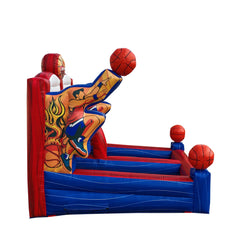 Colorful inflatable basketball shooting game featuring players and basketballs, ideal for outdoor events.