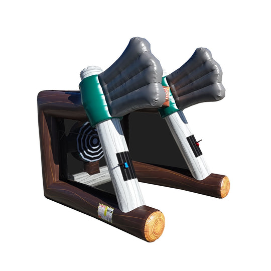 Two inflatable axes positioned on a wooden-themed base, featuring targets for throwing games, ideal for outdoor events.