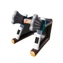 Inflatable axe game featuring two large axe handles and a wooden-themed base, designed for interactive play in outdoor