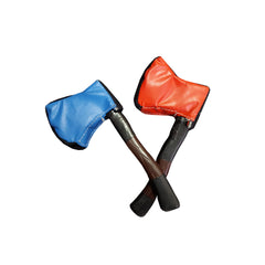 Two inflatable axes, one blue and one red, displayed against a white background, part of commercial inflatable games for