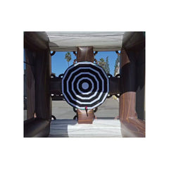 Top view of the GM-887 Axe Game featuring a black and white striped target in a brown inflatable structure, set outdoors.