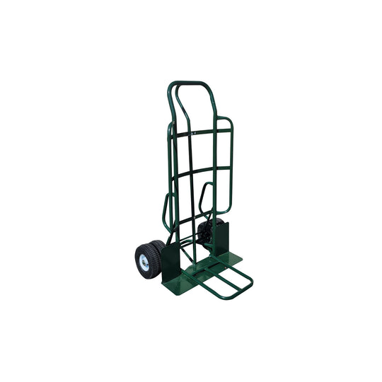 Heavy duty green dolly with four wheels and a brake, designed for transporting heavy items, displayed against a white