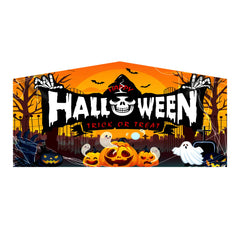 Colorful Halloween inflatable art panel featuring pumpkins, ghosts, and a spooky background with bats.