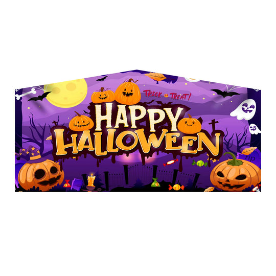 Colorful Halloween inflatable art panel featuring pumpkins, ghosts, and a spooky background with the text 'Happy Halloween'.
