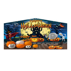 Colorful Halloween-themed inflatable art panel featuring pumpkins, a witch, and a haunted house backdrop.