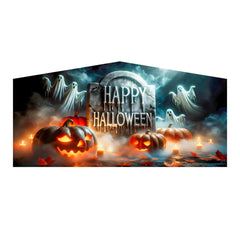 A Halloween-themed inflatable art panel featuring carved pumpkins, ghosts, and a 'Happy Halloween' sign, set against a spooky