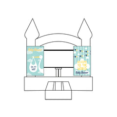 Two custom event banners for a baby shower featuring a stork and clouds, displayed on a bounce house.