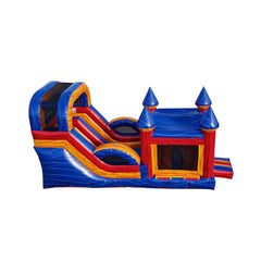 Colorful blue and red commercial inflatable combo featuring a slide and bounce area, set against a white background.
