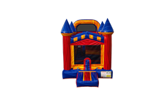 Colorful red, blue, and yellow commercial inflatable combo with a castle theme, featuring a bounce area and slide.