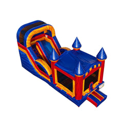 Brightly colored commercial inflatable combo featuring a bounce area and slide, set against a white background.
