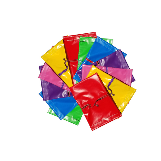 Colorful sandbag covers in red, yellow, green, blue, and purple, suitable for securing a commercial bounce house.