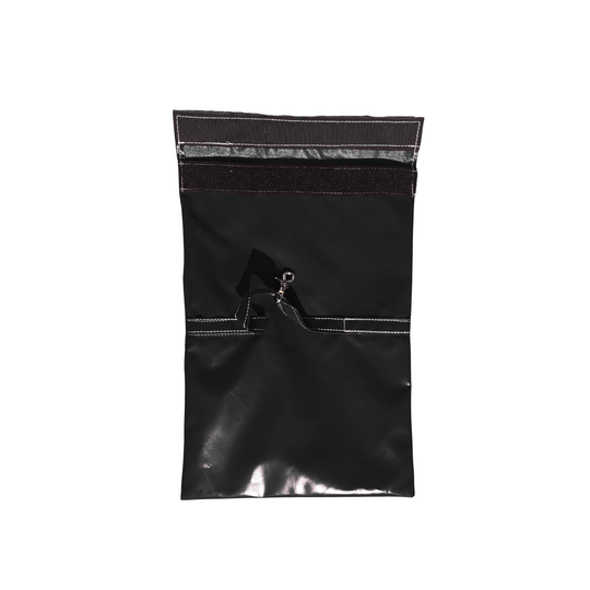 Black sandbag cover designed for securing a commercial bounce house, featuring a zipper closure.