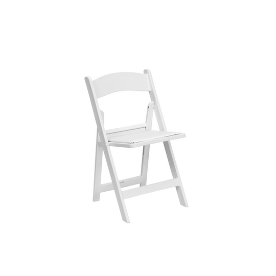 White resin folding chair displayed against a plain background, showcasing its sleek design, ideal for event furniture for