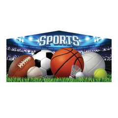 Colorful inflatable art panel featuring various sports balls including a soccer ball, basketball, and football, set against a