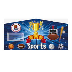 Colorful inflatable art panel featuring various sports equipment and a trophy on a blue background.