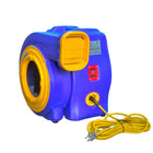 Bright blue and yellow Turbo 1.5 HP blower with a power cord, designed for inflating bounce houses.