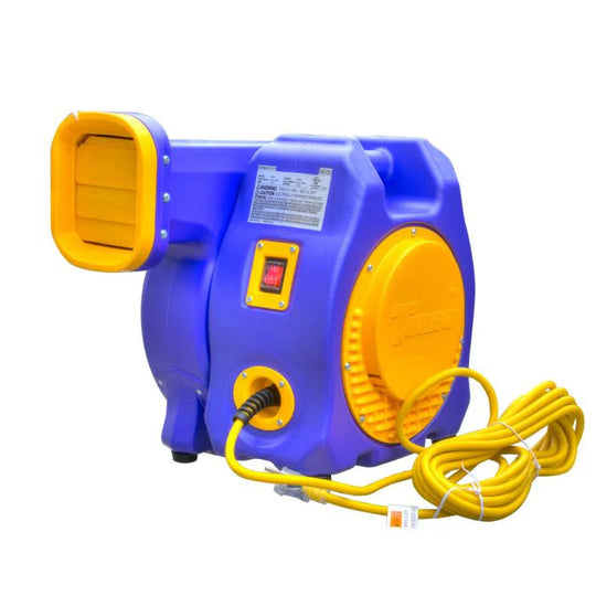 Bright blue and yellow Turbo 1HP blower with a power switch and a long cord, designed for inflating bounce houses.