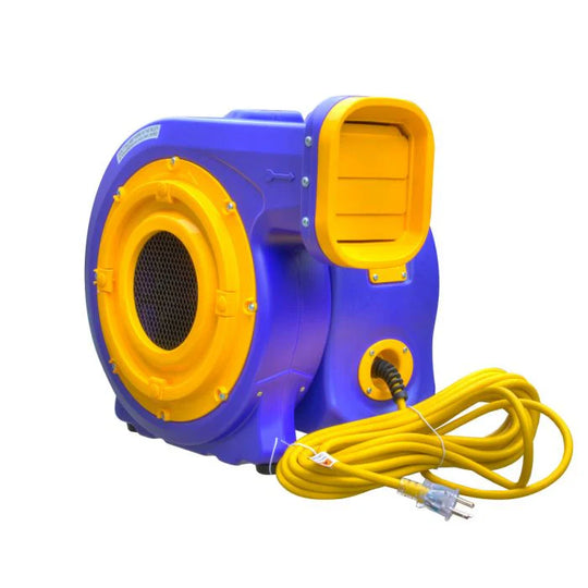 A blue and yellow Turbo 1HP blower with a long power cord, designed for inflating bounce houses.