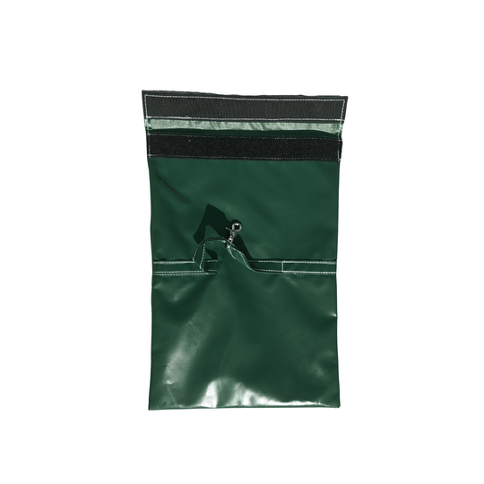 Green sandbag cover designed for securing a commercial bounce house, featuring a top closure and a sturdy construction.