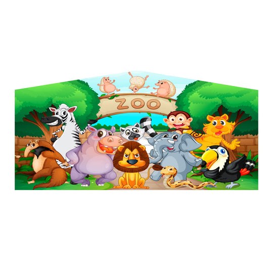 Colorful inflatable art panel featuring cartoon animals like a lion, elephant, and zebra in a zoo setting.