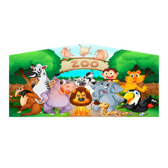 Colorful inflatable art panel featuring cartoon animals like a lion, elephant, and zebra in a zoo setting.